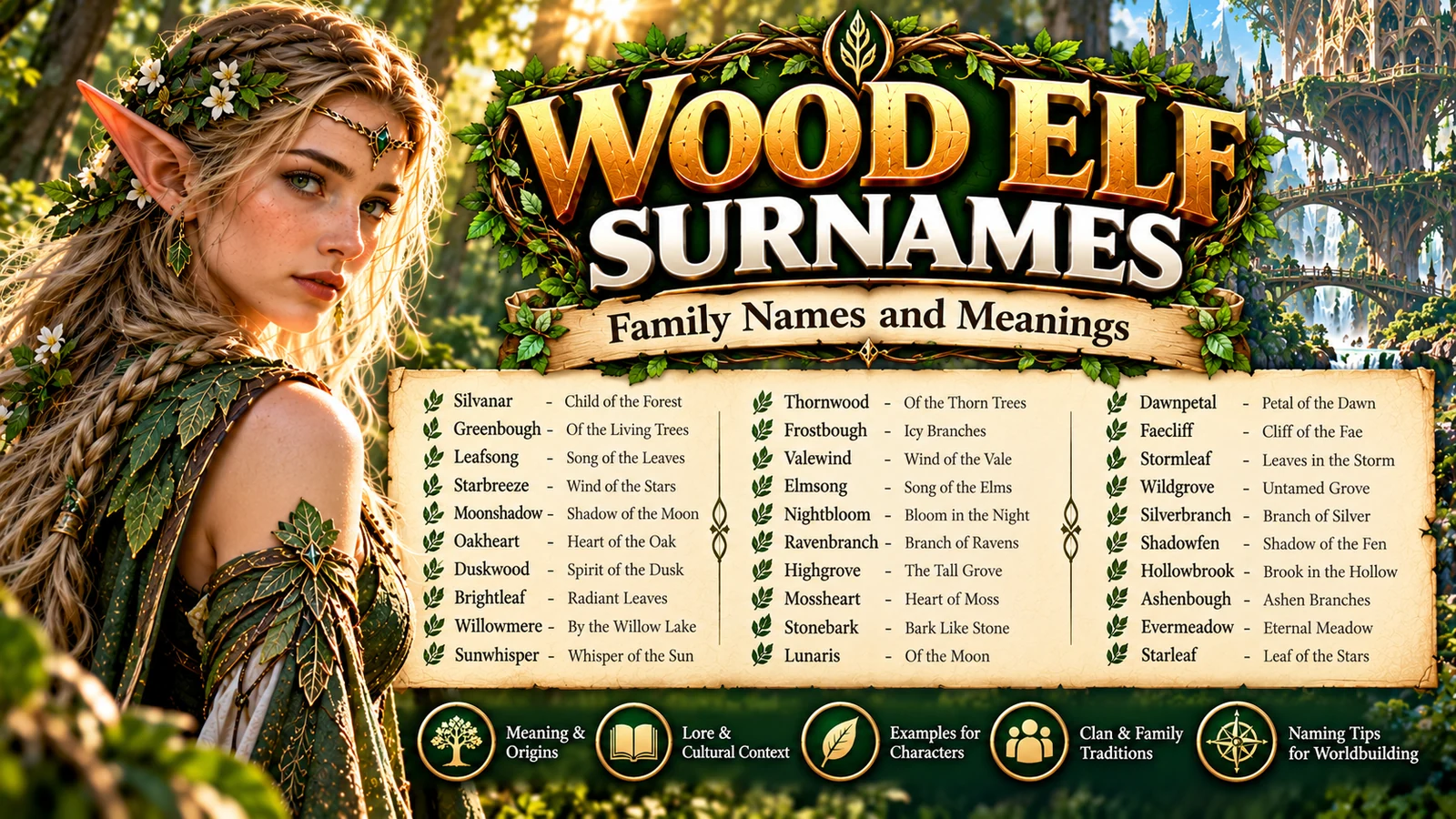 Female wood elf with fantasy family names and surname meanings
